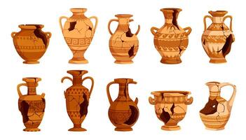 Ancient broken pottery and old ceramic pots set vector