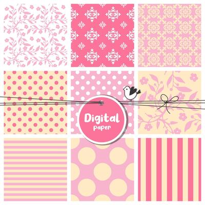 Set of seamless Digital papers, patterns, flowers, dots, stripes, square swatches