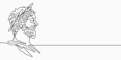 Continuous line, drawing of Greek god head wearing laurel wreath statue minimalist, Ancient Greek Figure Face Head Statue illustration for t-shirt, slogan design print graphics style vector