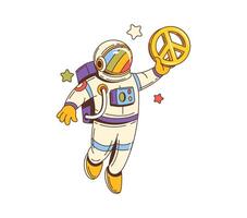 Retro groovy space astronaut with peace symbol vector