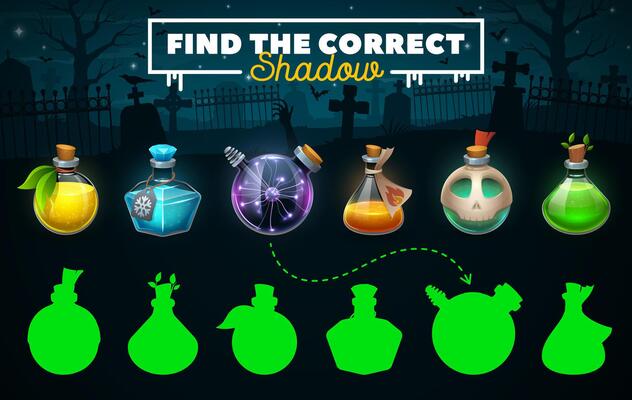 Halloween game, find correct potion bottle shadow