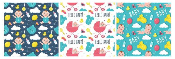 Baby Seamless Pattern Design, A Set of Simple Decorative Elements in a Hand Drawn on Style Cartoon Flat Illustration Template vector