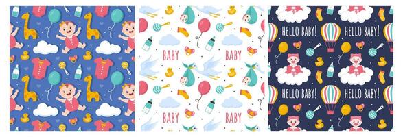 Baby Seamless Pattern Design, A Set of Simple Decorative Elements in a Hand Drawn on Style Cartoon Flat Illustration Template vector