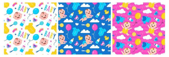 Baby Seamless Pattern Design, A Set of Simple Decorative Elements in a Hand Drawn on Style Cartoon Flat Illustration Template vector