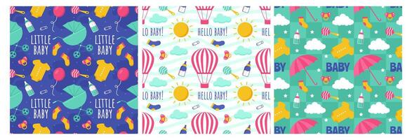 Baby Seamless Pattern Design, A Set of Simple Decorative Elements in a Hand Drawn on Style Cartoon Flat Illustration Template vector