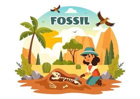 Fossil Illustration of Archaeologists Discovering Dinosaur Skeletons During Excavations, Depicted in a Flat Cartoon Style Background vector