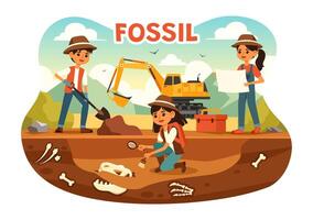 Fossil Illustration of Archaeologists Discovering Dinosaur Skeletons During Excavations, Depicted in a Flat Cartoon Style Background vector