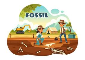 Fossil Illustration of Archaeologists Discovering Dinosaur Skeletons During Excavations, Depicted in a Flat Cartoon Style Background vector