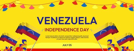 Venezuela Independence Day banner in modern geometric style. Wide banner with typography and also country flag. Background for national holiday celebration party. Happy Venezuela Independence Day vector