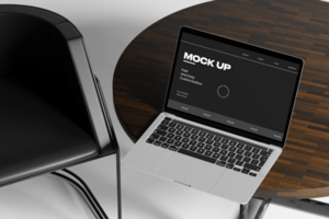 3d laptop device mockup on the desk with minimal scene psd