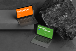 Laptop computer mockup on the wall with abstract background psd