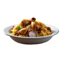 A Hot Delicious bowl of biryani with chicken pieces isolated on a transparent background, Beautiful view of traditional spicy indian food, Iftar meal, Ramadan dinner. png