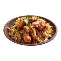 A Hot Delicious bowl of biryani with chicken pieces isolated on a transparent background, Beautiful view of traditional spicy indian food, Iftar meal, Ramadan dinner. png
