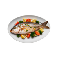 A plate of delicious roasted fish with lemon slices and vegetables isolated on transparent background png