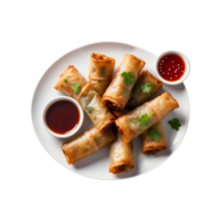 Fried spring rolls with sauce on a plate on a transparent background png