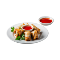 Fried spring rolls with sauce on a plate on a transparent background png
