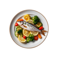 A plate of delicious roasted fish with lemon slices and vegetables isolated on transparent background png