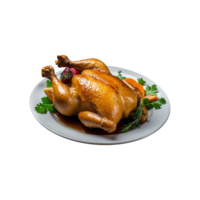 Homemade A full roasted chicken with Lemon, potatoes and vegetables on a plate isolated on transparent background . fast food png