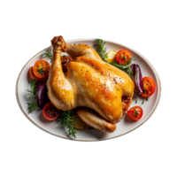 Homemade A full roasted chicken with Lemon, potatoes and vegetables on a plate isolated on transparent background . fast food png