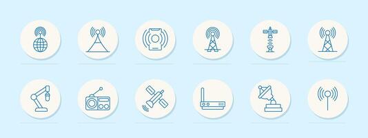 Telecommunication set icon. Globe, antenna, radio, and satellite. Communication, signal, network, and technology concept. vector