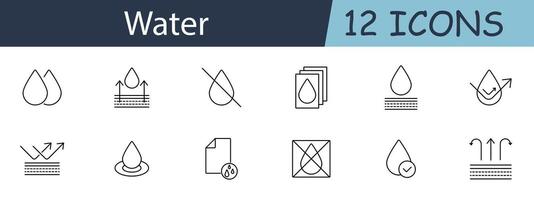Water set icon. Includes water drops, waterproof, moisture symbols, humidity, and water resistance. Suitable for moisture-proof and water-resistant concepts. line icon on white background. vector