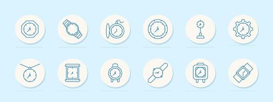 Clock set icon. Various timepieces including wristwatch, pocket watch, stopwatch, alarm clock, and wall clock. Timekeeping, watch, timer concept. vector
