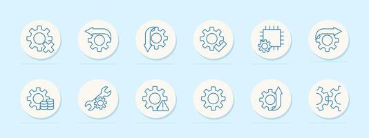 Engineering set icon. Gears, arrows, wrench, chip, coins, settings. Mechanical, technical, automation concept. line icons on blue background. vector
