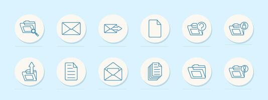Mail set icon. Folder, envelope, query, inbox, outbox, document, sent, received, attachment, message, communication. Email concept. line icon on white background. vector