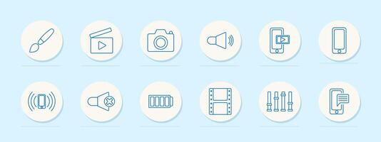 File management set icon. Document, search, play, pause, add, check, star, cross, forward, remove. File management, media control, document analysis concept. line icons on blue background. vector