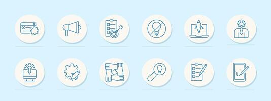 Teambuilding set icon. Hands, megaphone, rocket, ideas, teamwork, integration, leader, planning, unity, collaboration. Company culture, cooperation concept. vector