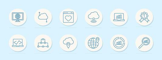 Web services set icon. Globe, cloud, location, and search. Internet, online, digital, and technology concept. vector