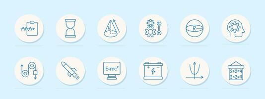 Physics set icon. Time, sphere radius, E mc formula, battery, brain gear, tools, pulley, rocket, graph, mathematics. Science, engineering, education concept. vector