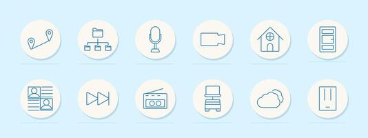 Multimedia set icon. Microphone, camera, house, and cloud. Media, recording, streaming, and storage concept. vector