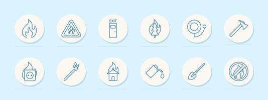 Fire safety set icon. Flame, extinguisher, exit sign, fire alarm, and axe. Emergency, protection, firefighting concept. vector