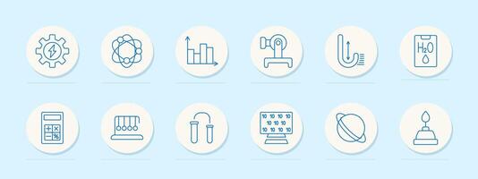 Education set icon. Calculator, atom, graph, and book. Learning, science, mathematics, and knowledge concept. vector