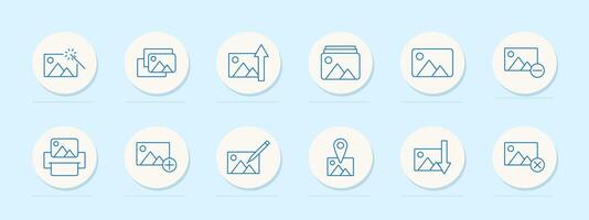 Photo editing set icon. Magic wand, image stack, growth chart, folder, print, pencil, map pin, arrow down, delete. Editing, enhancement, photography tools concept. line icons on blue background vector