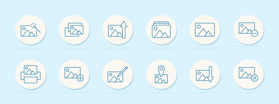 Photo editing set icon. Magic wand, image stack, growth chart, folder, print, pencil, map pin, arrow down, delete. Editing, enhancement, photography tools concept. line icons on blue background