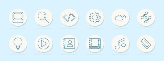 Multimedia set icon. Computer, magnifying glass, code, and music note. Technology, digital media, programming, and entertainment concept. vector