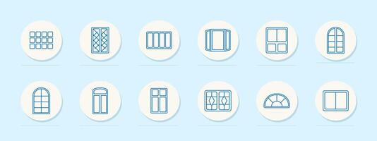 Window set icon. Various window designs including arched, sliding, and casement windows. Home, architecture, design concept. vector
