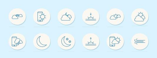 Weather set icon. Sun, cloud, rain, snow, storm, wind, moon, fog, overcast, partly cloudy, sunny, thunder. Weather conditions, forecast concept. line icons on blue background. vector