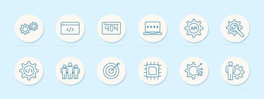 Web development set icon. Gears, code, 404 error, password, API, and target. Programming, software, technology concept. vector