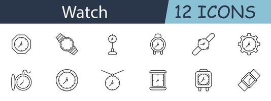 Watch set icon. Includes 24-hour clocks, alarms, timepieces, hourglasses, timers, and stopwatches. Ideal for timekeeping, period tracking, and round-the-clock work concepts. line icon vector