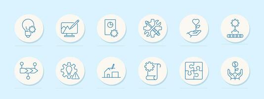 Business development set icon. Light bulb, computer, chart, and gears. Innovation, growth, planning, and strategy concept. vector