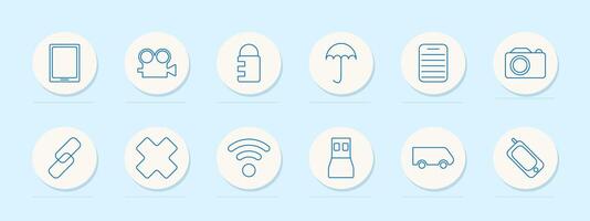 Digital tools and connectivity set icon. Tablet, camera, link, and wifi. Devices, networking, and online services concept. vector
