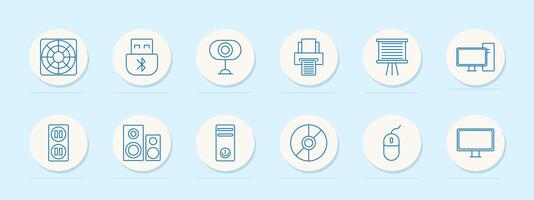 Technology set icon. Fan, USB, webcam, and printer. Electronics, computer accessories, and office equipment concept. vector