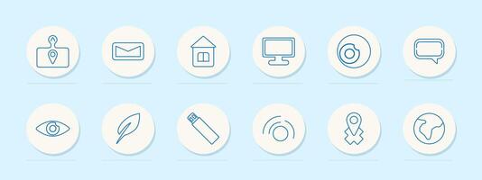 Communication set icon. Location, envelope, house, monitor, CD, chat, eye, leaf, USB, sound wave, pin, globe. Digital tools, online services, networking concept. line icons on blue background. vector