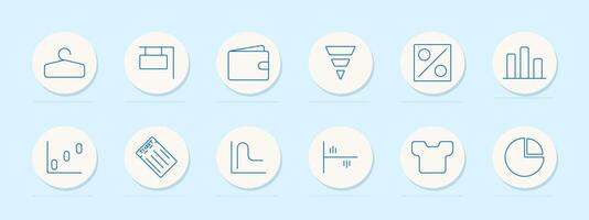 Analytics set icon. Hanger, id card, wallet, funnel, percentage, bar chart, line graph, ticket, curve, histogram, shirt, pie chart. Business, finance, marketing, statistics concept. vector