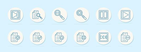 File and media set icon. Document, search, play, and pause. File management, media control, and document analysis concept. vector