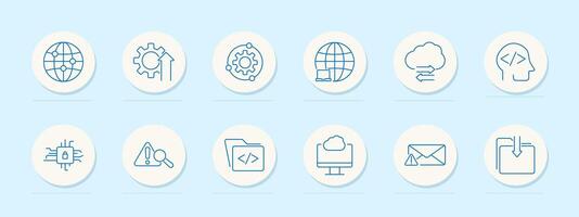 Technology set icon. Fan, USB, webcam, printer, projector, monitor, outlet, speaker, server, CD, mouse. Electronics, computer accessories, office equipment concept. line icons vector