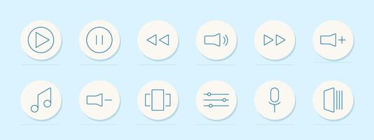 Media control set icon. Play, pause, rewind, volume, fast forward, music note, mute, speakers, sliders, microphone, sound waves. Audio, playback, multimedia concept. line icons vector